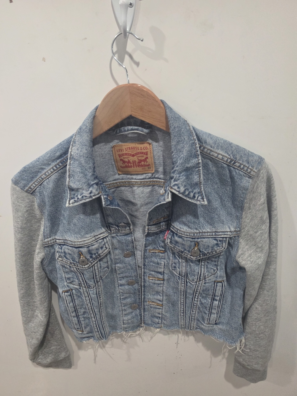 Levi's Light Blue Denim Cropped Jacket with Gray Sweatshirt Sleeves Size XS